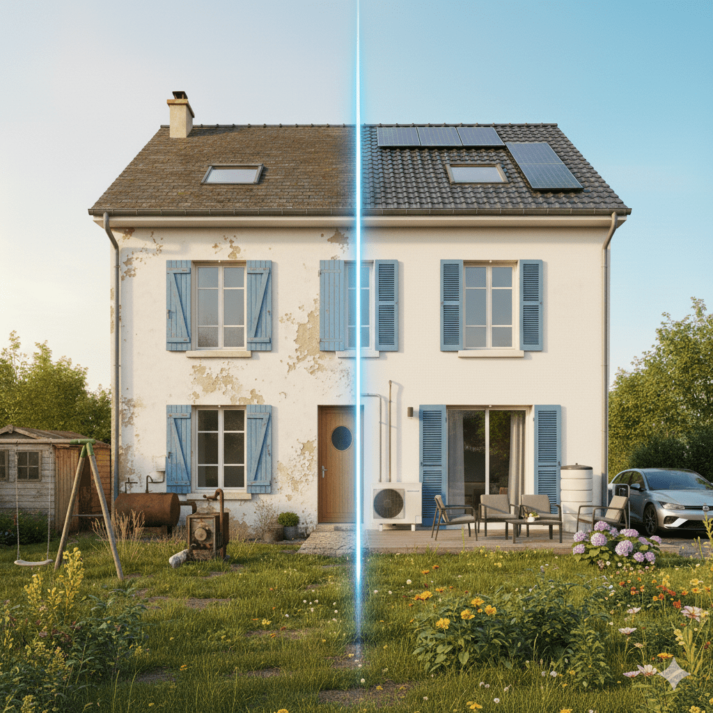 avant/après rénovation énergétique globale maison – Passoire thermique F à C, habitat performant avec panneaux solaires, PAC et isolation à droite