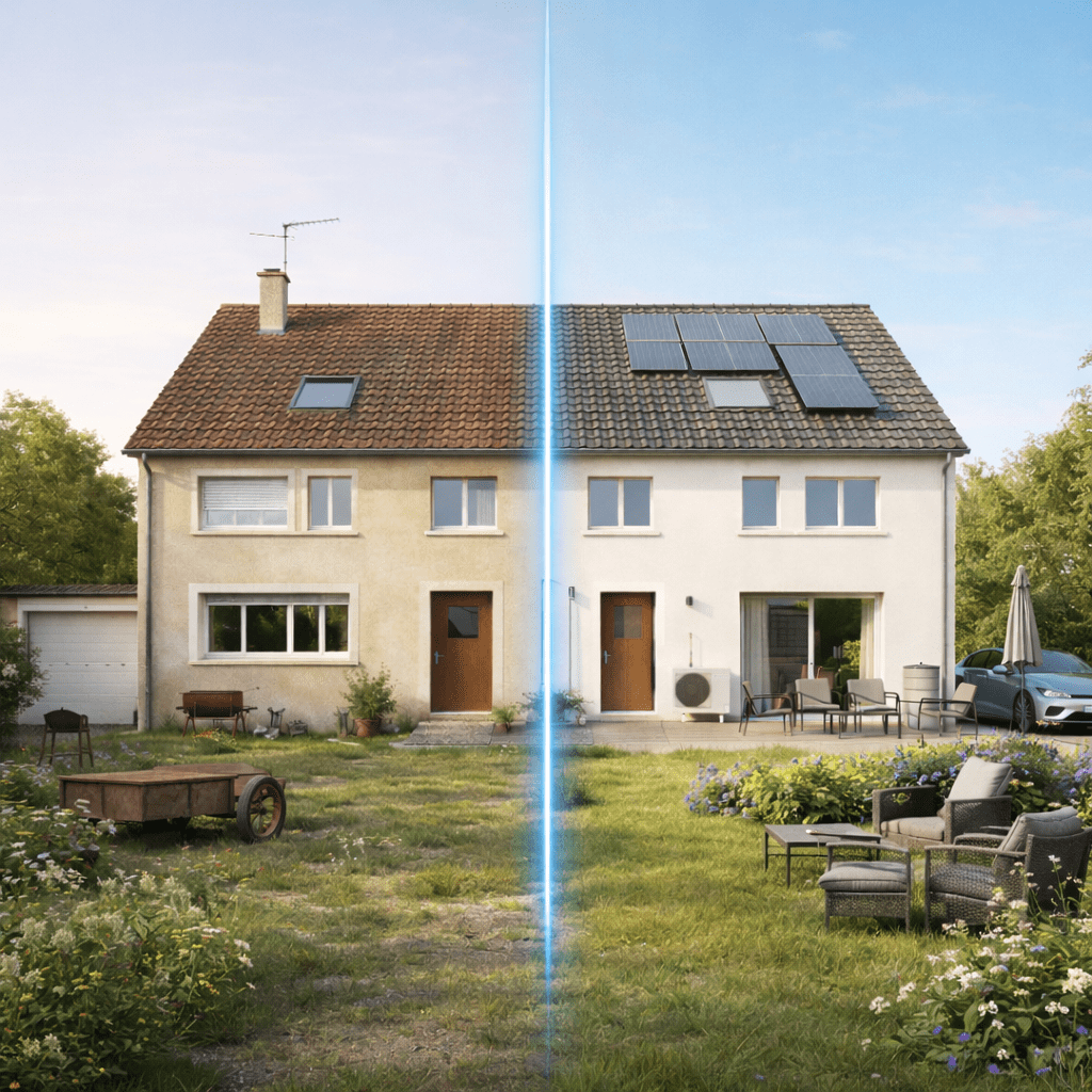 avant/après rénovation énergétique globale maison – Passoire thermique G à C, habitat performant avec panneaux solaires, PAC et isolation à droite